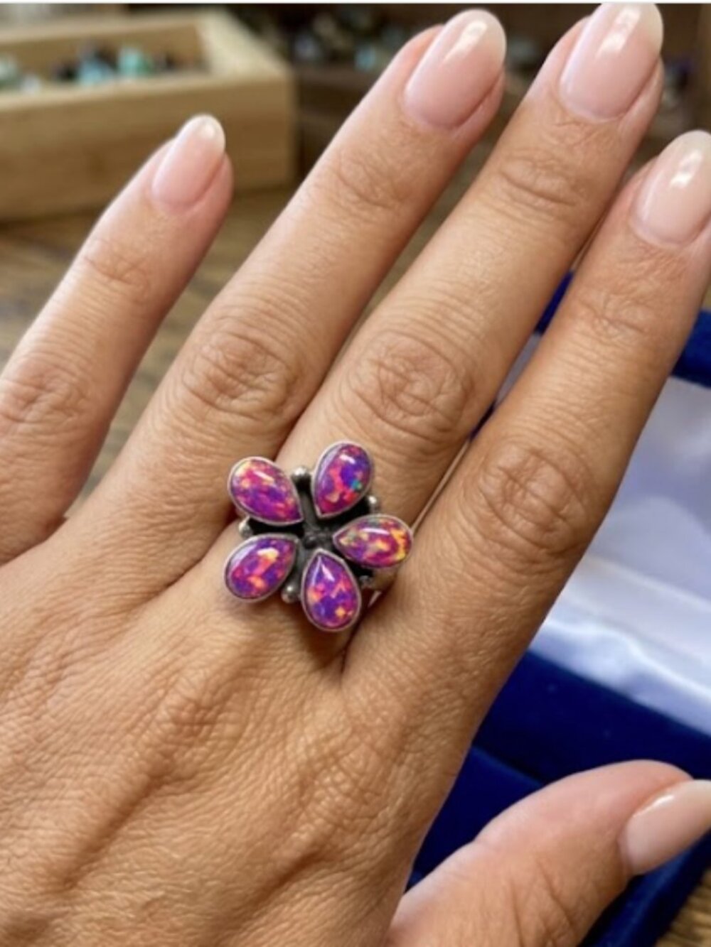Sterling silver five teardrop pink and purple fire opal ring